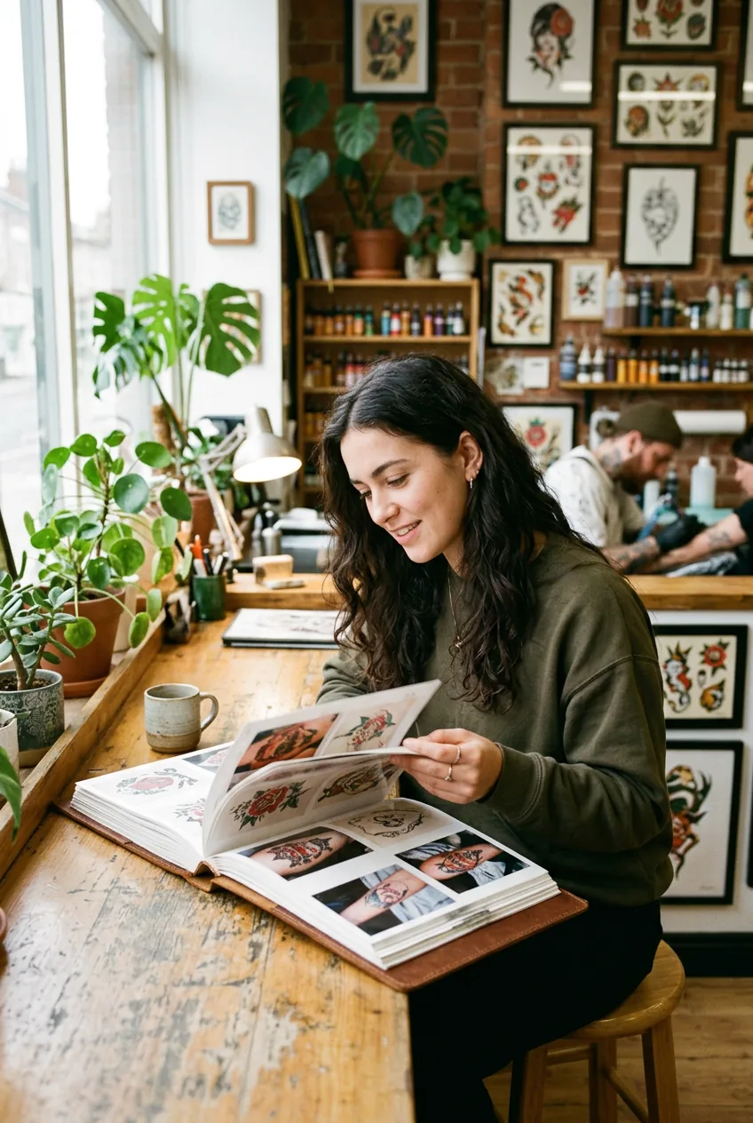 Woman with dark wavy hair browsing a tattoo artist's portfolio book at a studio counter surrounded by framed artwork