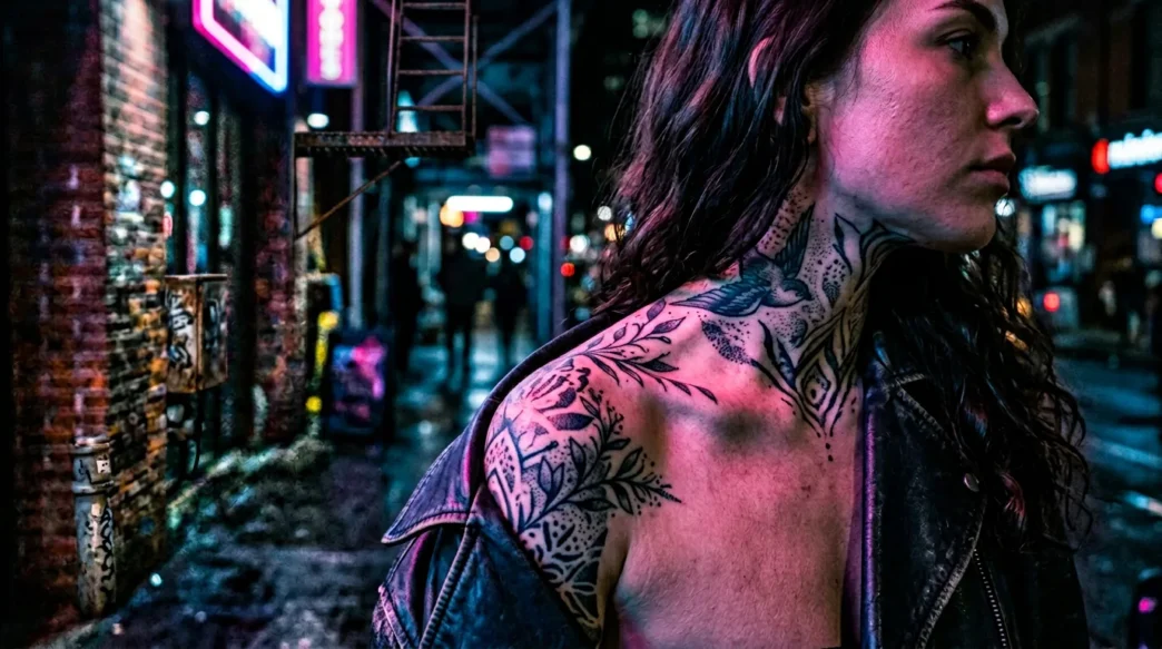 Woman with tattooed shoulder and collarbone area illuminated by pink and blue neon lighting on city street at night