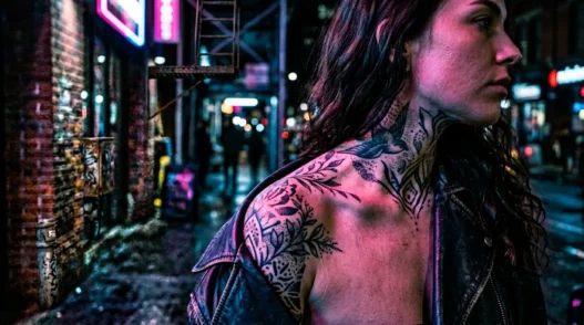 Woman with tattooed shoulder and collarbone area illuminated by pink and blue neon lighting on city street at night