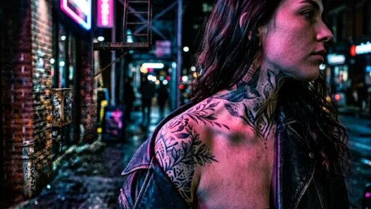 Woman with tattooed shoulder and collarbone area illuminated by pink and blue neon lighting on city street at night