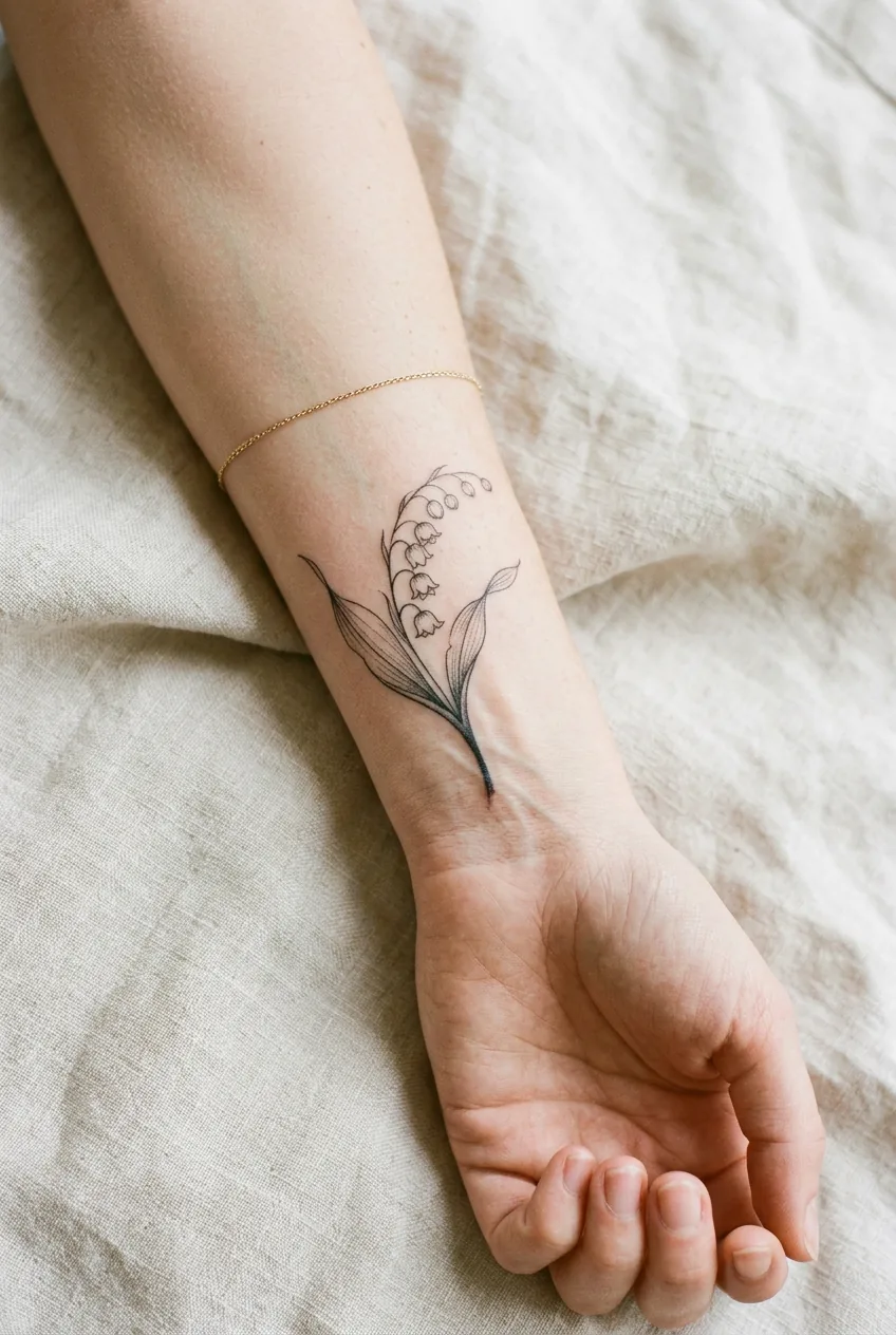 Inner wrist with a fine-line lily of the valley botanical sprig tattoo with varying line weights on pale linen
