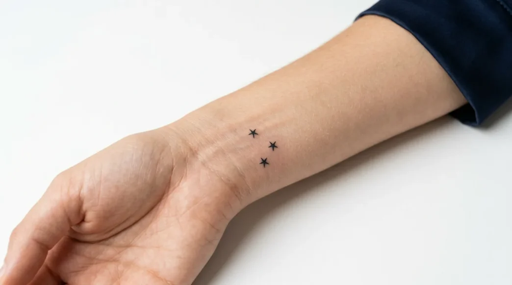 Woman's inner wrist displaying three tiny star tattoos arranged in constellation pattern with fine line black ink