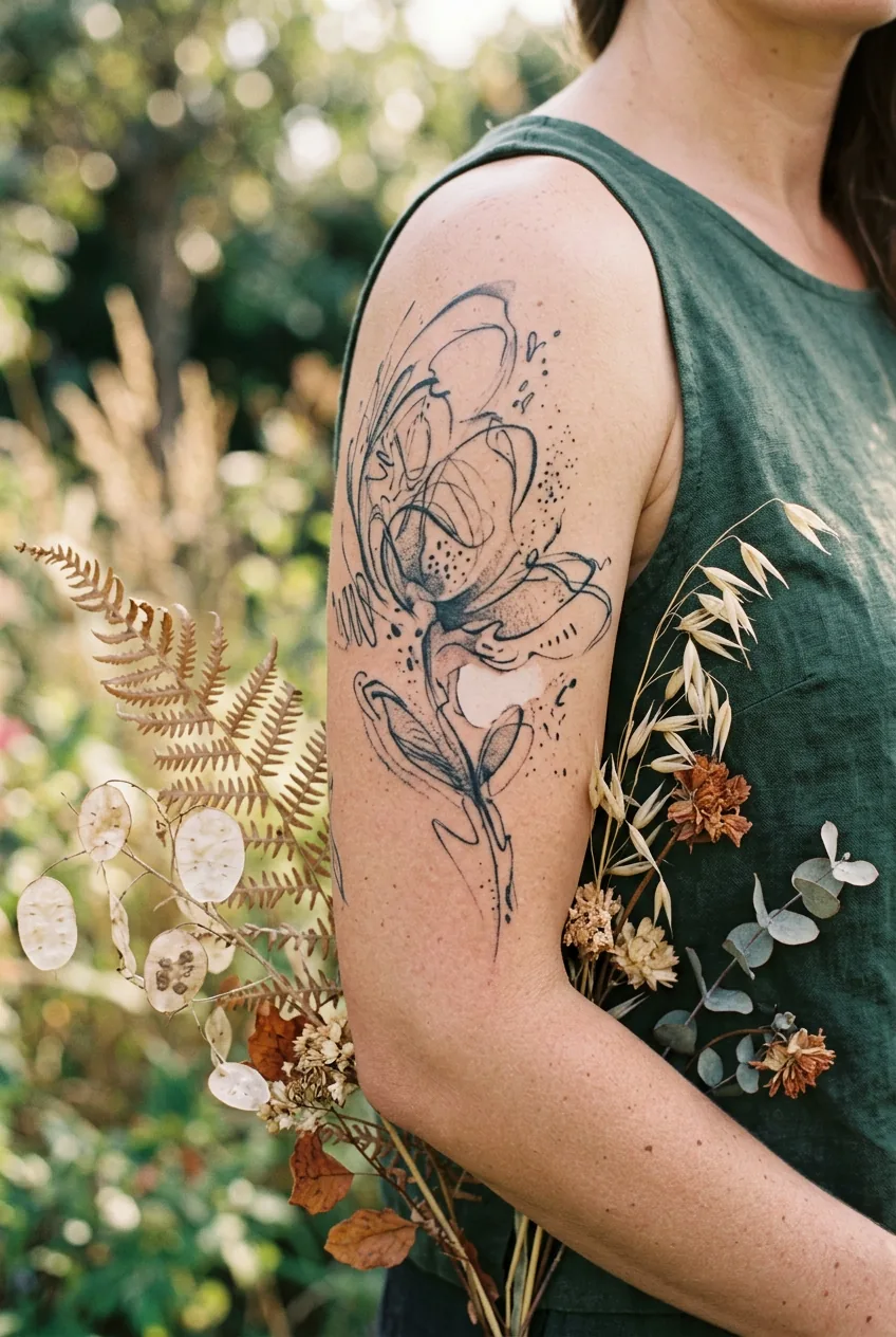 Woman's upper arm showing abstract illustrative tattoo with gestural marks and negative space beside dried botanical leaves