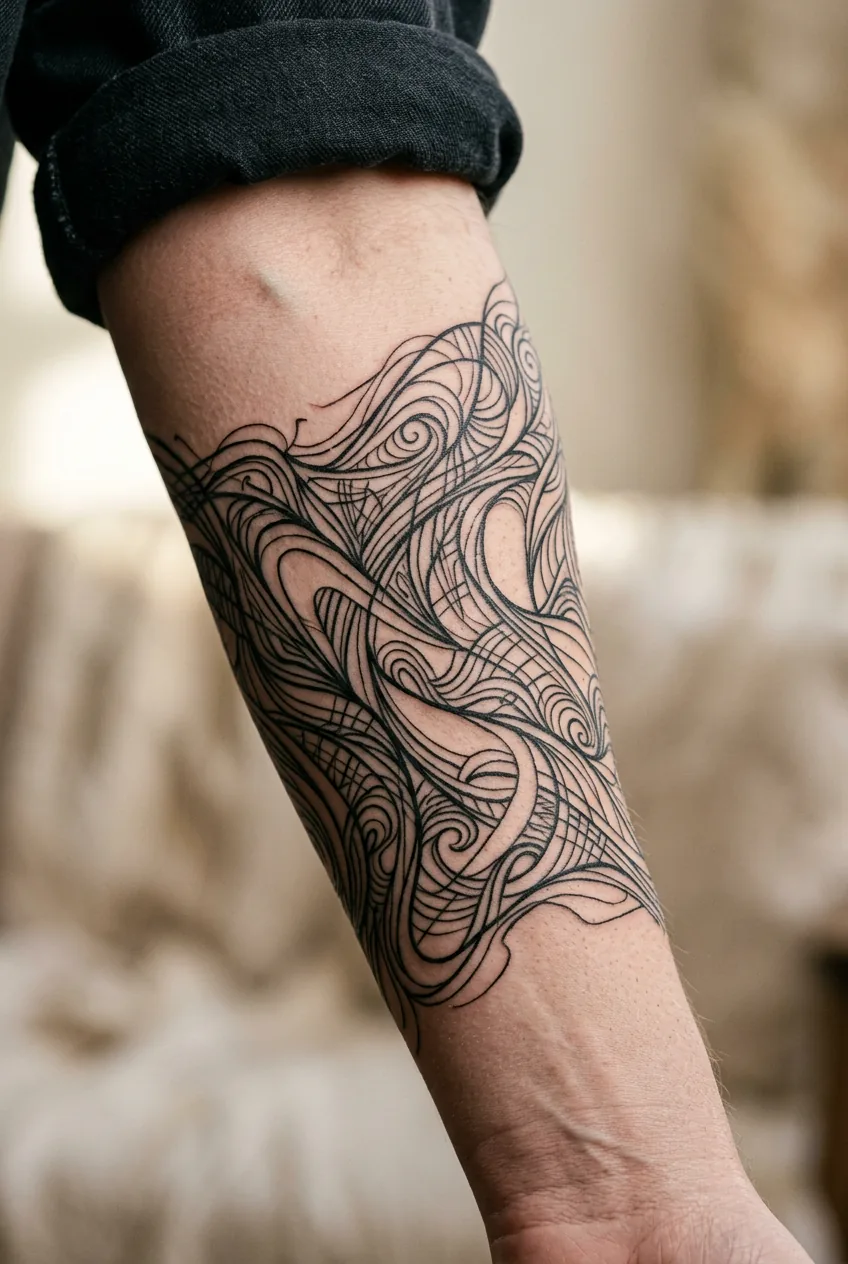 Woman's outer forearm bent at elbow showing multi-directional abstract linework tattoo with negative space elements