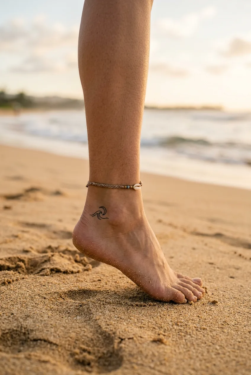 Woman's bare ankle in side profile on golden sand showing a small elegant tattoo placed beside the Achilles tendon