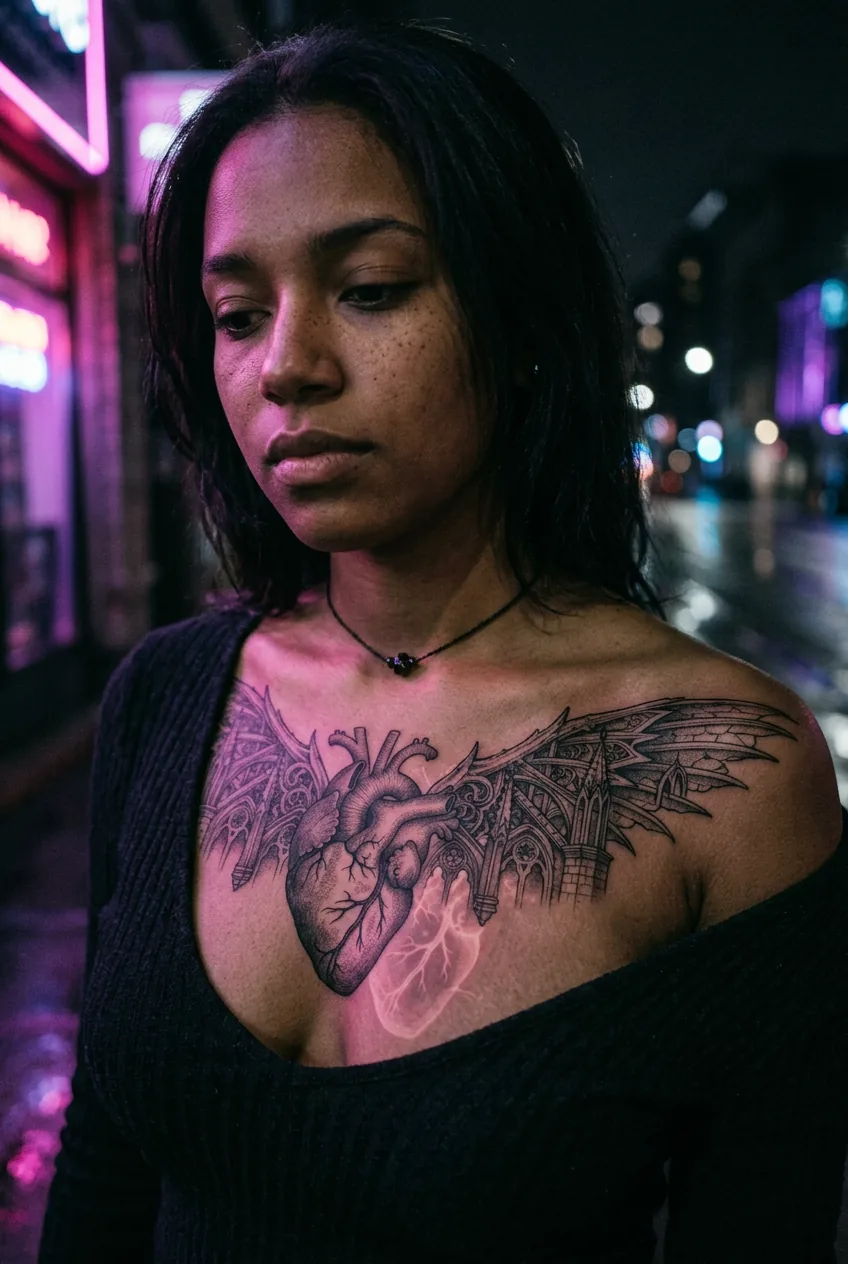 Anatomical heart with architectural wings tattoo on woman's chest with translucent skin effect under neon light