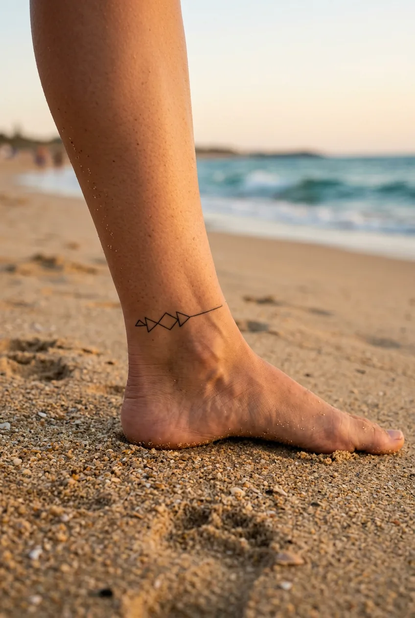 Close-up of a woman's ankle ditch front crease on golden beach sand showing a fine minimalist geometric tattoo in the flex area