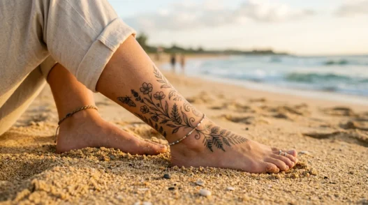 Woman's tattooed ankle resting on golden beach sand with ocean blurred softly in the background in afternoon coastal light