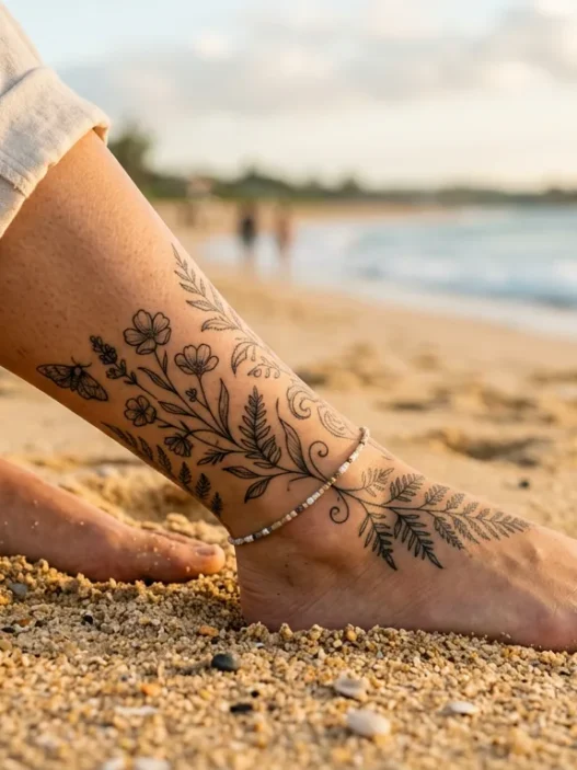 Woman's tattooed ankle resting on golden beach sand with ocean blurred softly in the background in afternoon coastal light
