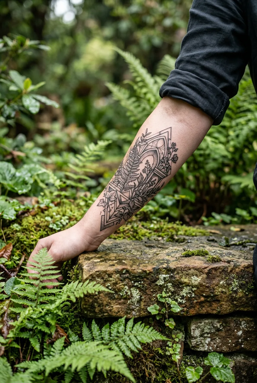 Close-up of forearm with architectural-illustrative tattoo combining geometric lines and botanical motifs on a stone garden ledge