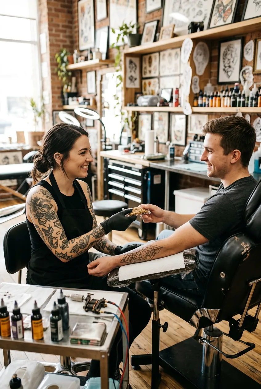 Tattoo artist handing a small snack to a client seated in the chair during a break in the tattoo session