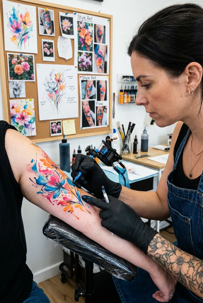 Tattoo artist pointing at consultation reference images pinned to a board in a bright studio