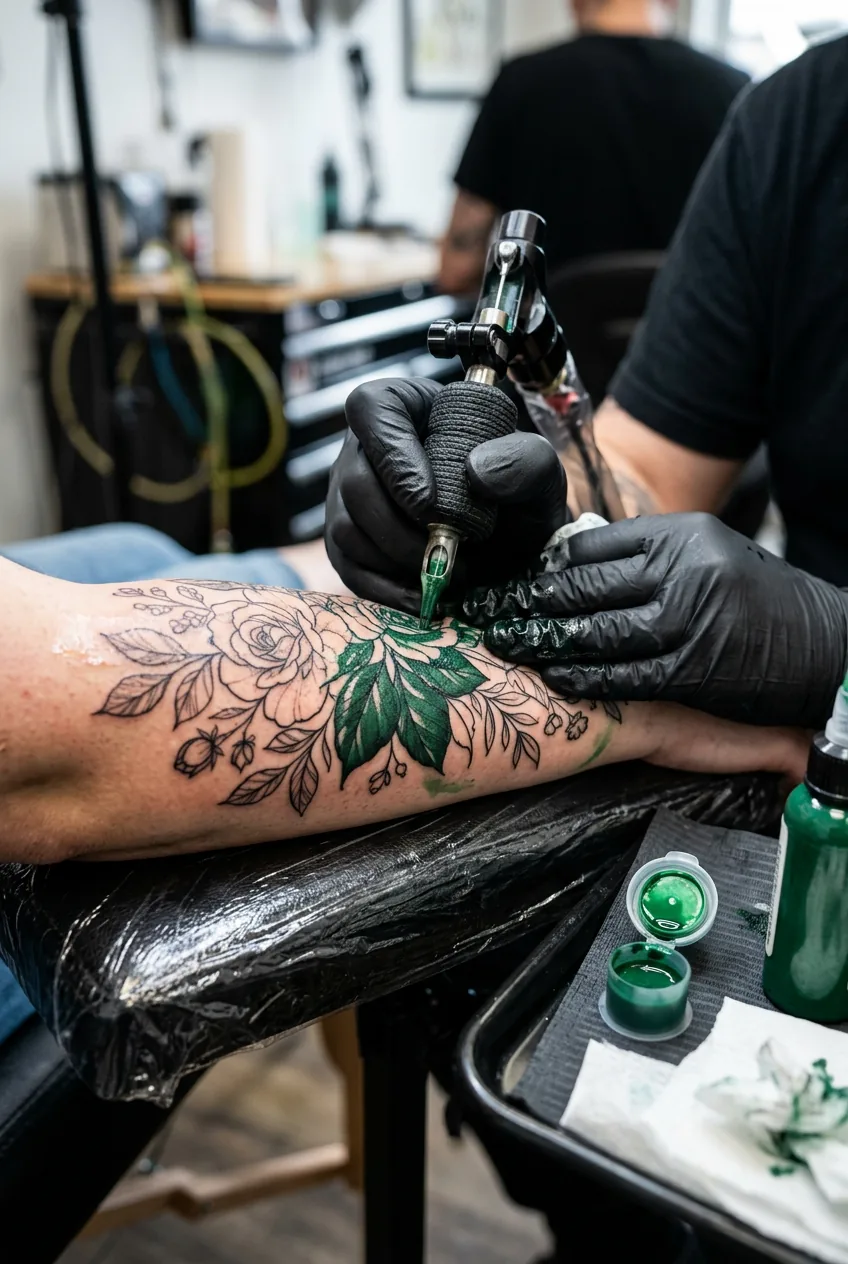 Tattoo artist filling deep green pigment into a floral design on a forearm with bright pigment cap visible nearby