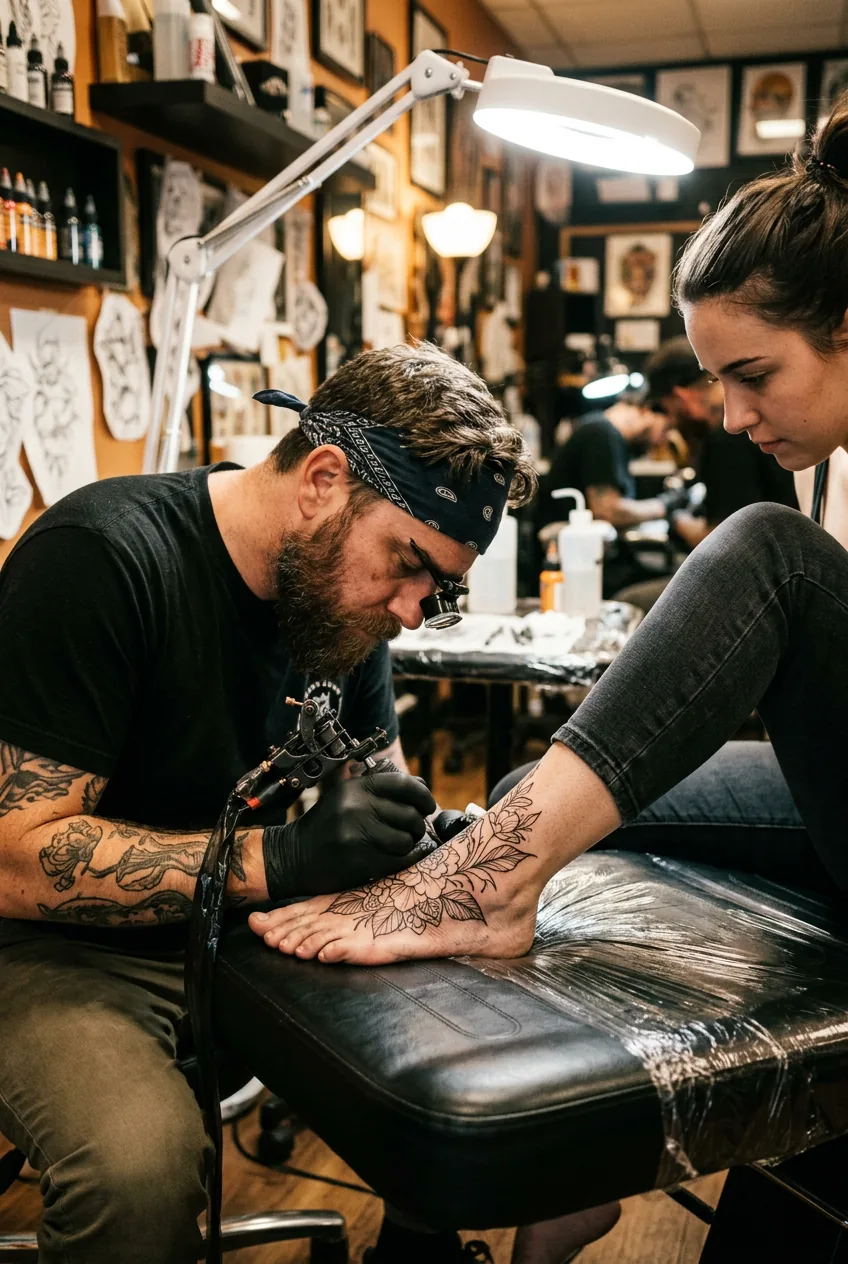 Tattoo artist leaning in close to complete fine detail line work on top of a woman's foot under studio lamp