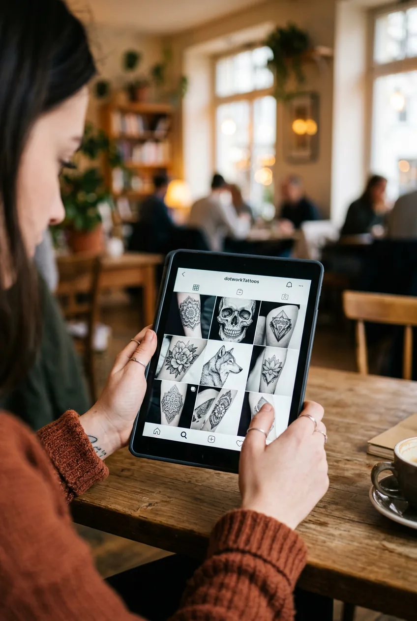 Woman scrolling through tattoo artist portfolio on a tablet with dotwork tattoo photos visible on screen in a cozy cafe setting