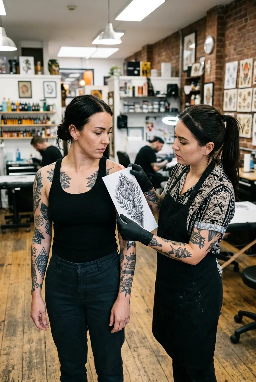 Woman standing before studio mirror while female tattoo artist holds reference image beside her shoulder to assess placement
