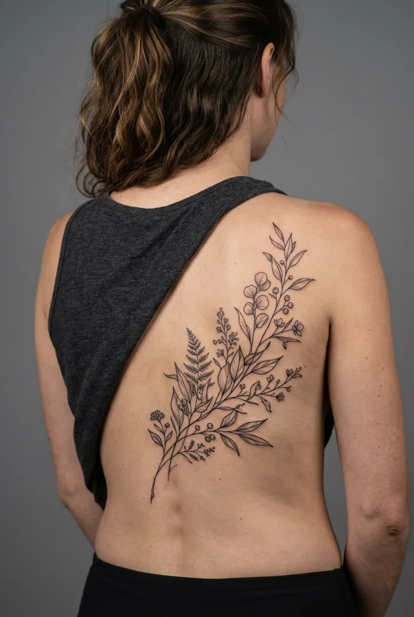 Woman's lower back with an intentionally asymmetrical botanical branch tattoo flowing off-center to the right