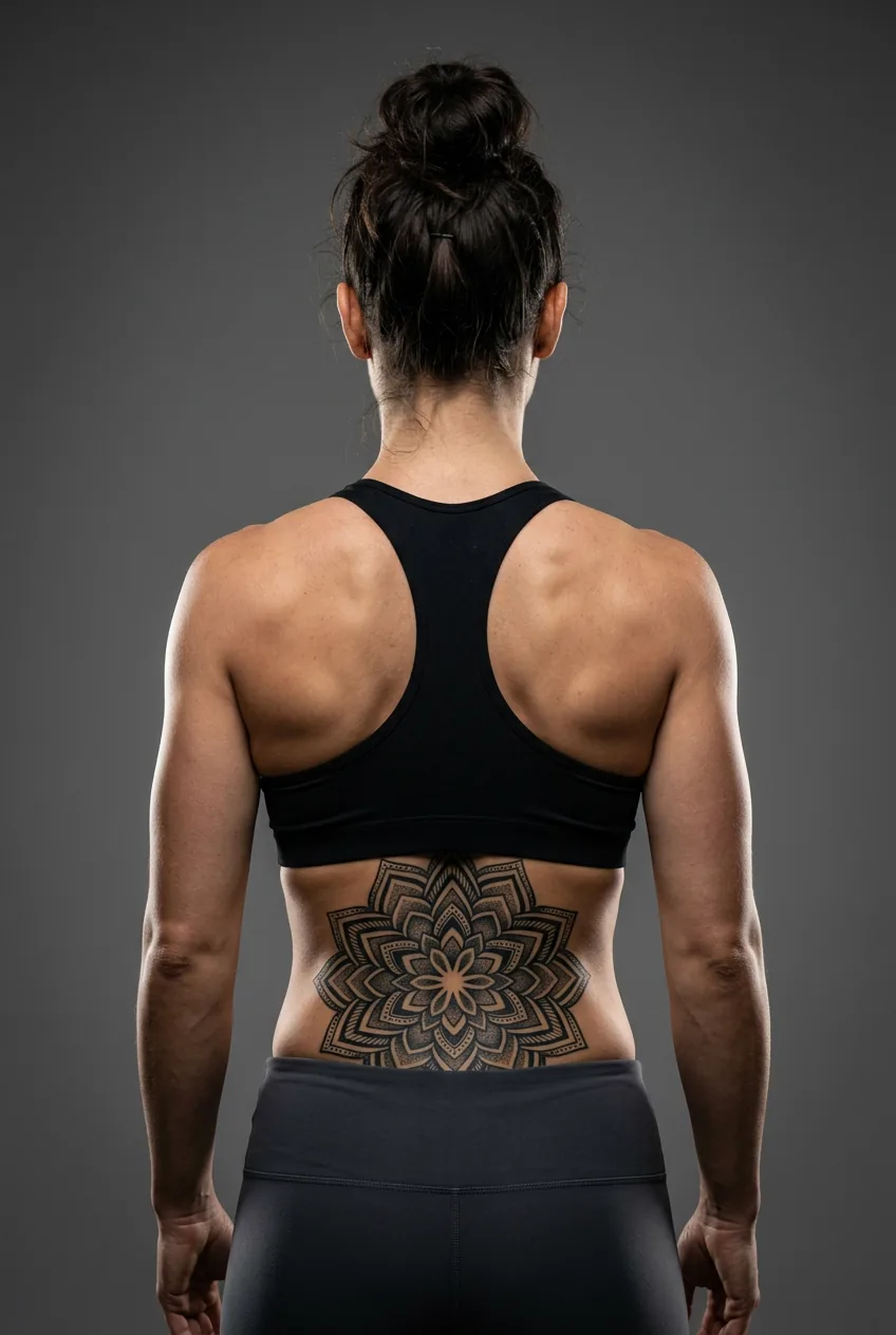 Athletic woman's muscular lower back featuring a bold geometric blackwork mandala tattoo with strong visible outlines