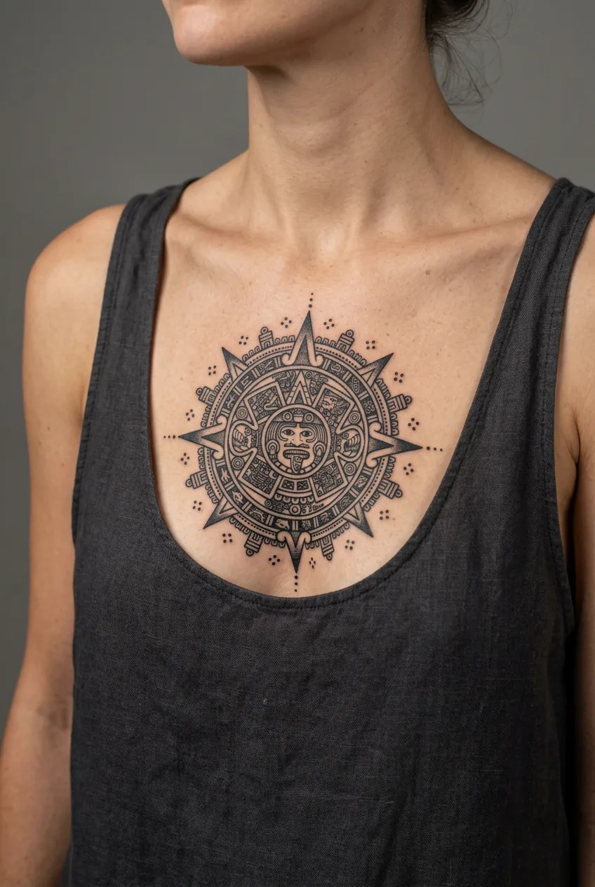 Woman's sternum featuring a detailed Aztec sun tribal tattoo with angular rays under even professional lighting