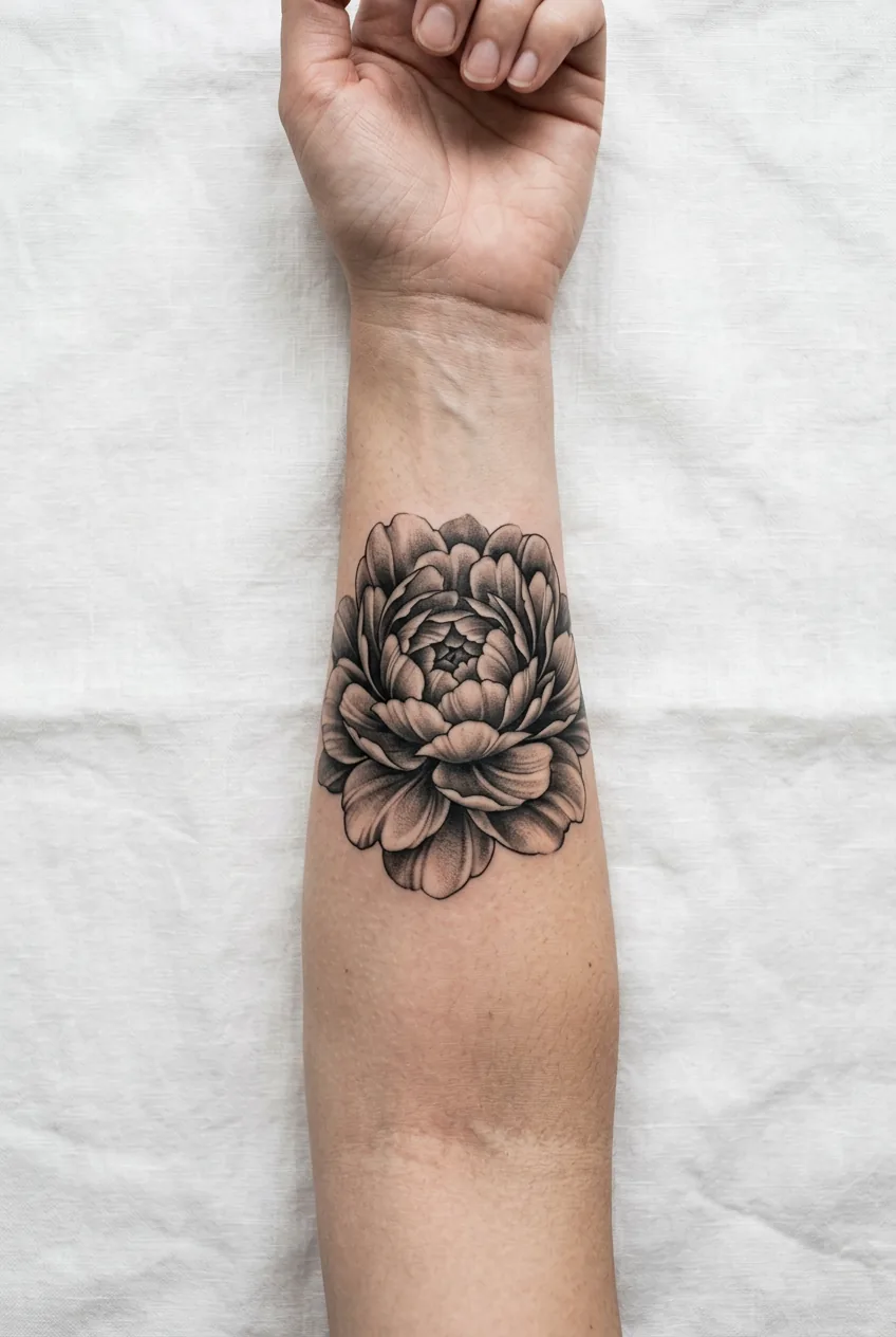 Overhead close-up of a woman's forearm on white linen showing a large photorealistic black and grey peony tattoo with deep petal shading