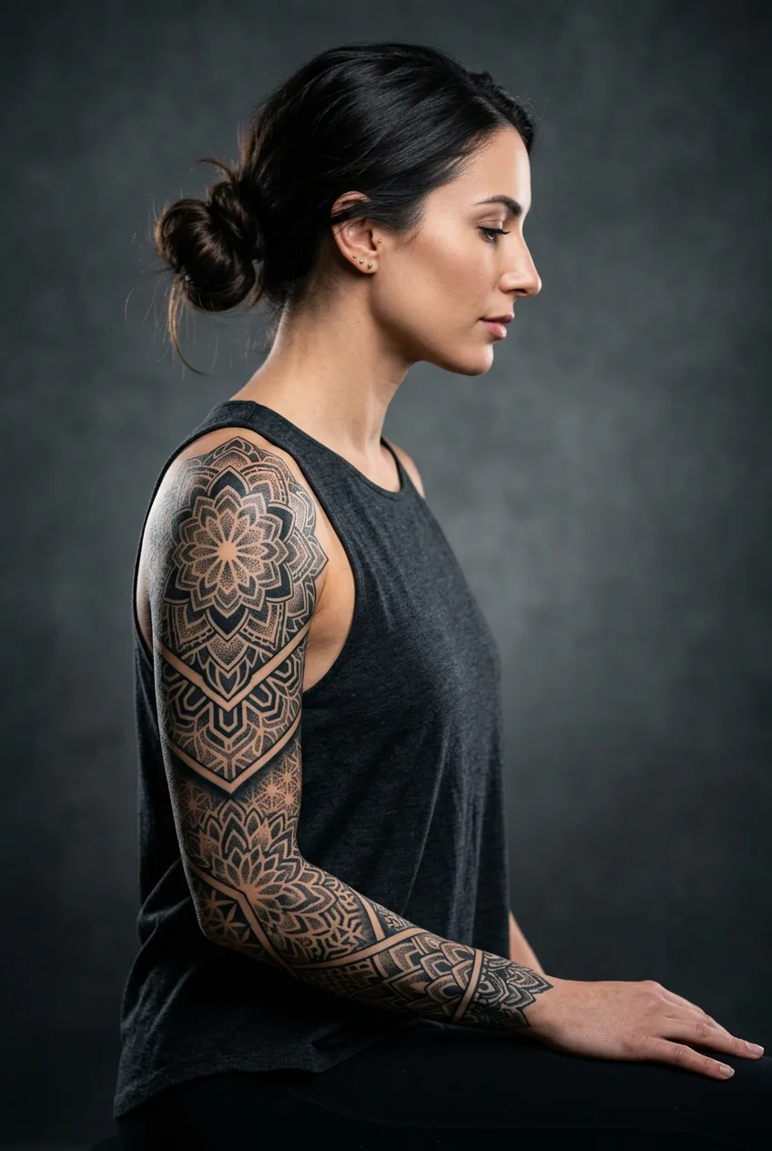 Woman with a full blackwork geometric tribal sleeve tattoo from wrist to shoulder in dramatic studio lighting