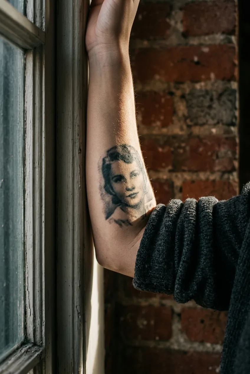 Close view of a woman's forearm showing a soft-focus early portrait tattoo with slightly imperfect shading in warm side light