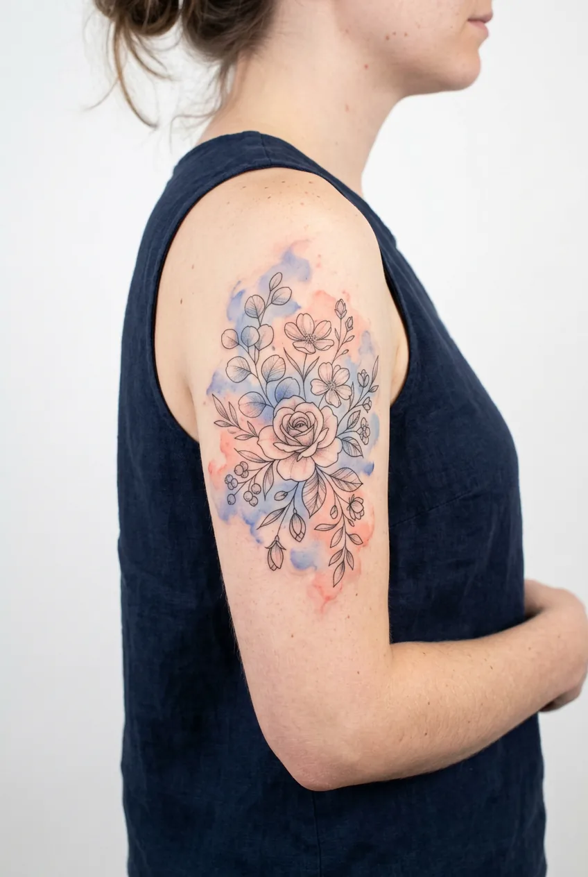 Woman's inner forearm showing soft blush peony cluster tattoo with feathered ink edges in studio close-up