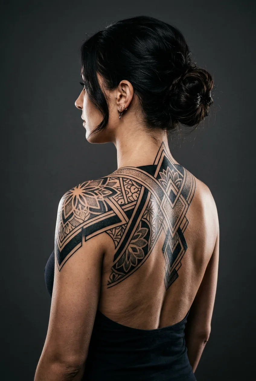 Woman showing bold blackwork tattoo with solid fills and negative space across upper back in dramatic studio lighting