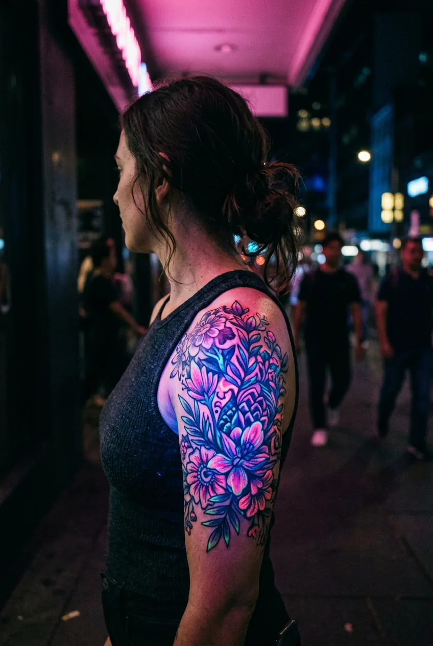Woman's upper arm with bold UV floral tattoo glowing vividly under pink neon light on a city street at night