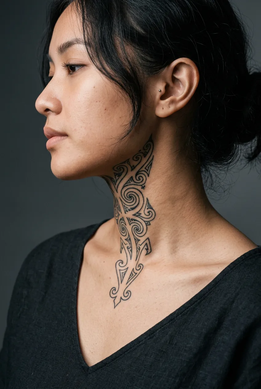 Woman's neck and upper chest showing intricate Borneo Dayak-inspired spiral hook throat tattoo in side profile