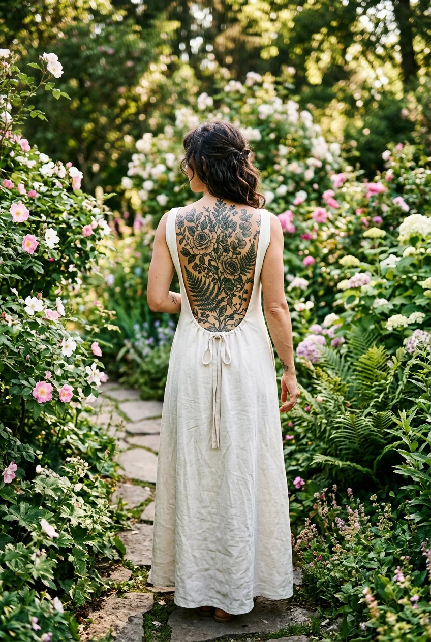 Woman with an elaborate botanical back piece tattoo visible through a low-back linen dress in a blooming garden