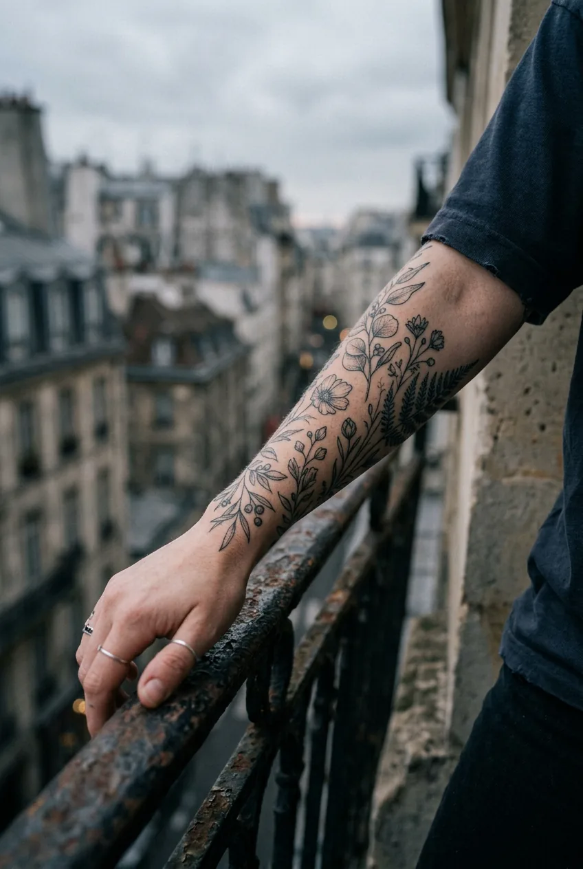 Close-up of delicate botanical fine-line tattoo on a woman's forearm resting on iron balcony railing