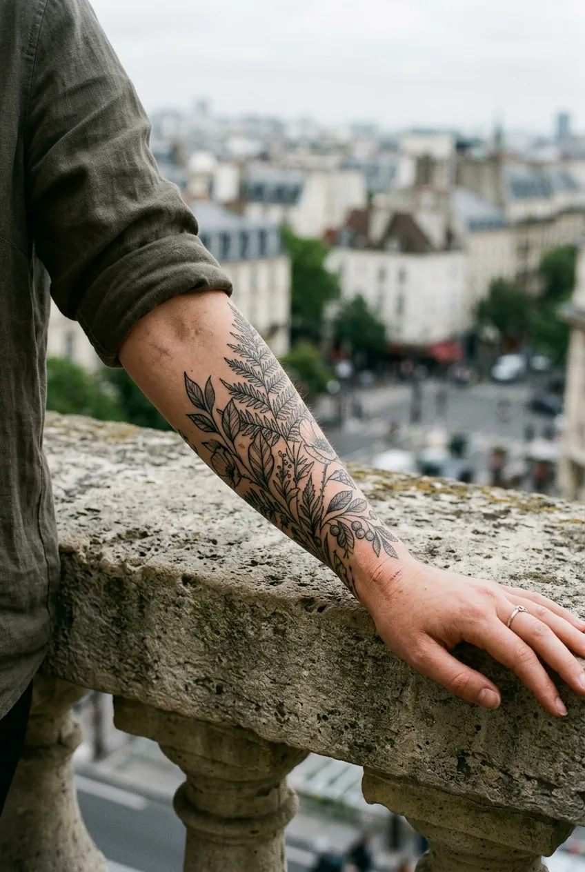 Close-up of a woman's forearm with a detailed vertical botanical medium tattoo resting on a stone balcony railing in diffused natural light
