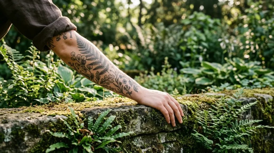 Woman's forearm covered in fine illustrative botanical tattoos resting among ferns and foliage in a botanical garden