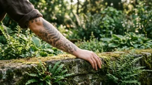 Woman's forearm covered in fine illustrative botanical tattoos resting among ferns and foliage in a botanical garden