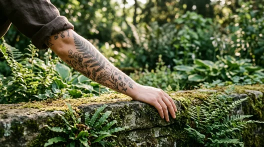 Woman's forearm covered in fine illustrative botanical tattoos resting among ferns and foliage in a botanical garden
