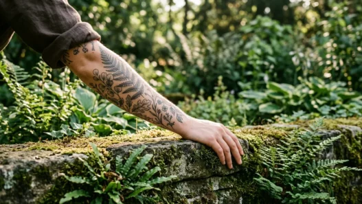 Woman's forearm covered in fine illustrative botanical tattoos resting among ferns and foliage in a botanical garden