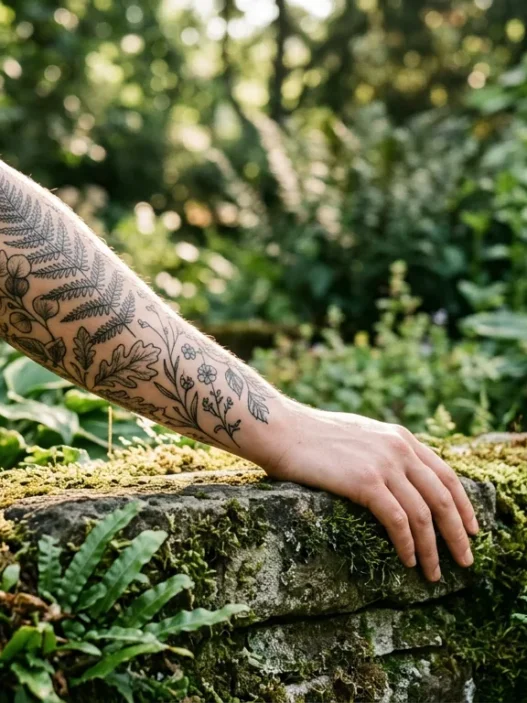 Woman's forearm covered in fine illustrative botanical tattoos resting among ferns and foliage in a botanical garden