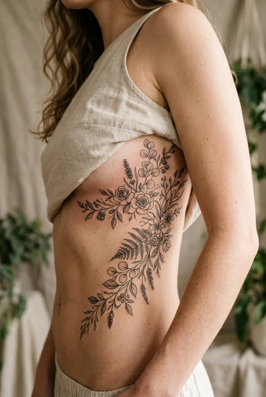Close-up of intricate botanical fine-line ribcage tattoo on woman's torso under soft studio lighting