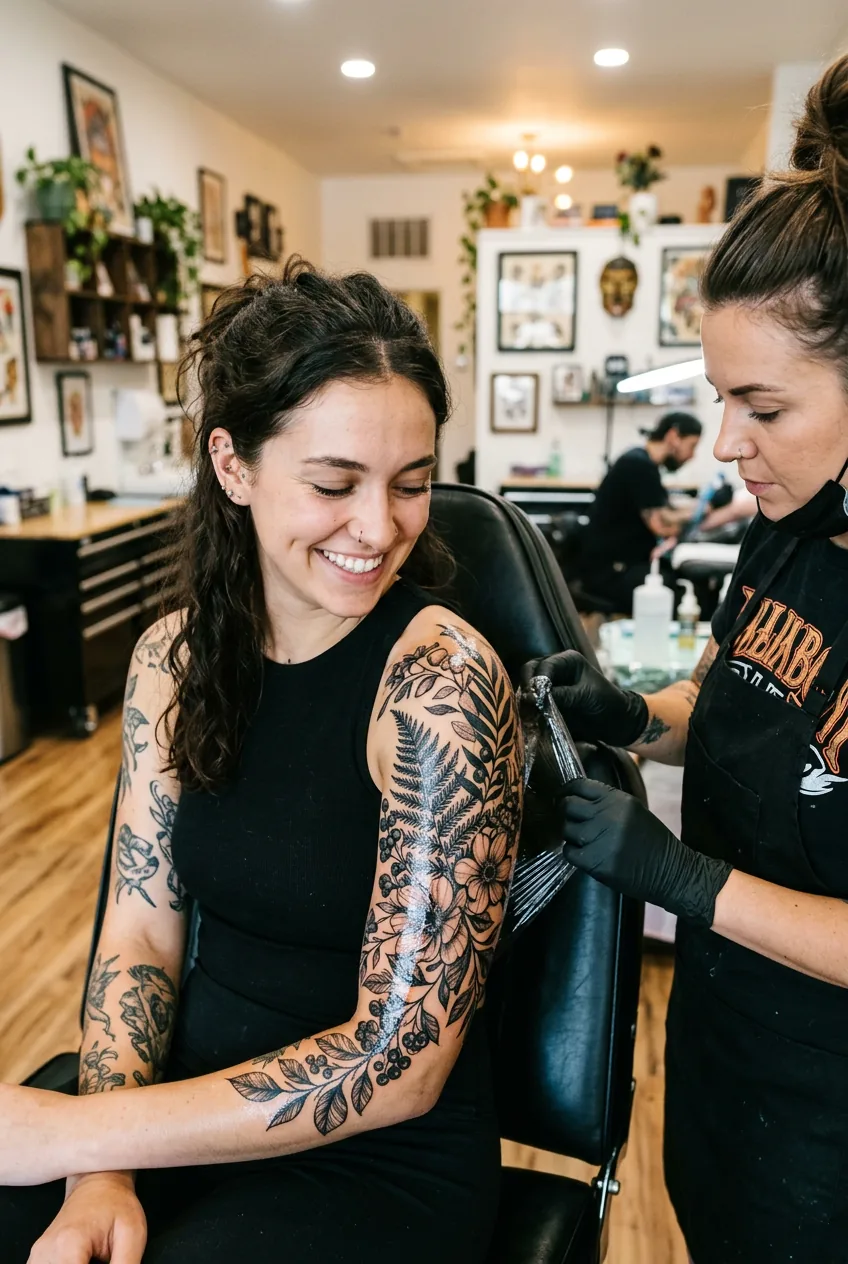 Woman looking down at finished large botanical tattoo wrapping her upper arm with quiet satisfied expression in bright studio
