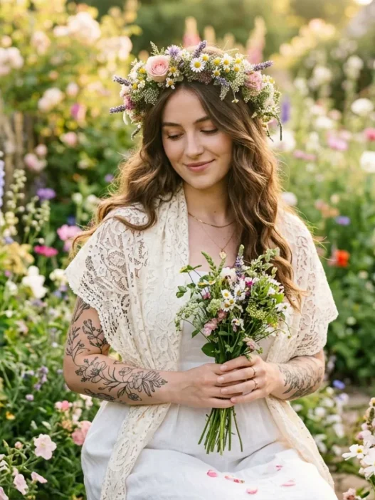 Woman with fine-line floral tattoos and a wildflower crown standing in a blooming garden in soft golden light