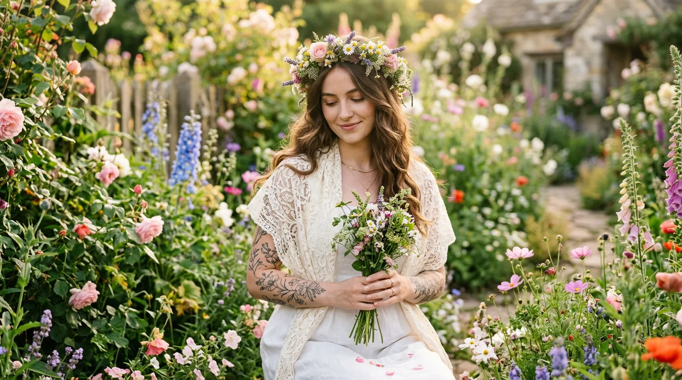 Woman with fine-line floral tattoos and a wildflower crown standing in a blooming garden in soft golden light