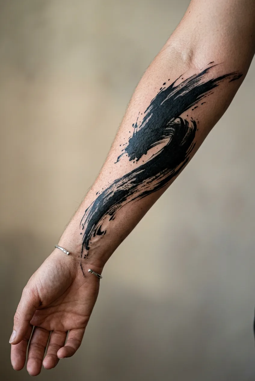 Woman's outer forearm featuring bold diagonal brushstroke abstract tattoo in solid black ink showing dynamic movement
