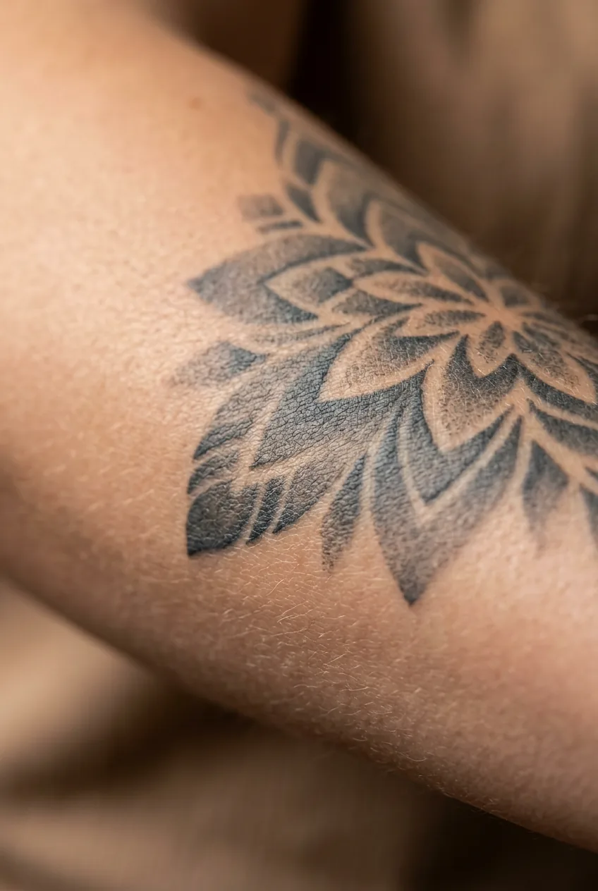 Close-up macro of charcoal mid-tone grey tattoo on a woman's forearm with smooth tonal gradations in skin