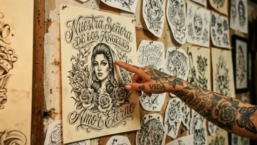 Woman's tattooed hand pointing to chicano-style flash art featuring portrait and roses on studio wall under warm amber lighting