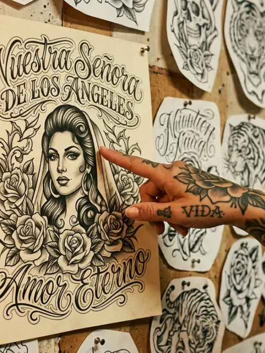 Woman's tattooed hand pointing to chicano-style flash art featuring portrait and roses on studio wall under warm amber lighting