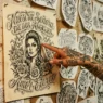 Woman's tattooed hand pointing to chicano-style flash art featuring portrait and roses on studio wall under warm amber lighting