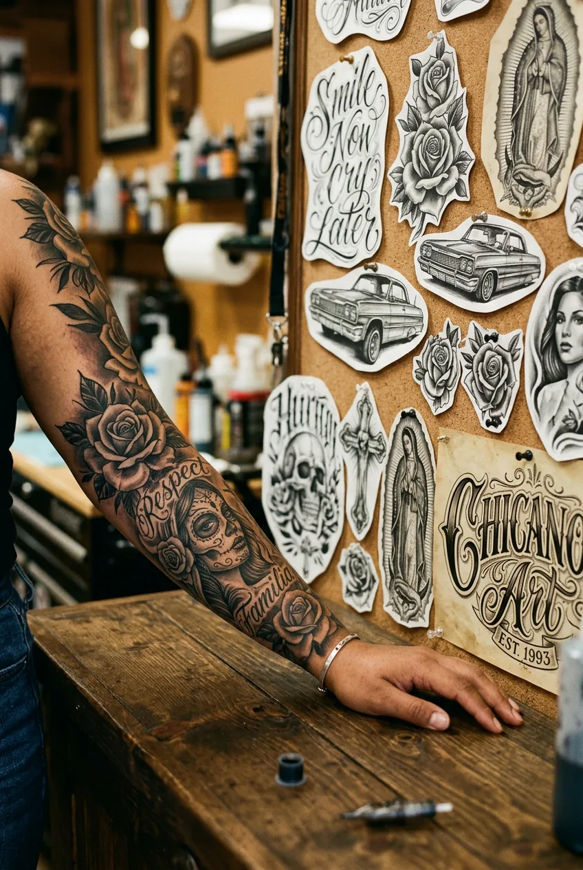 Tattooed woman's forearm resting beside chicano black and grey flash sheets pinned to a corkboard in a tattoo studio