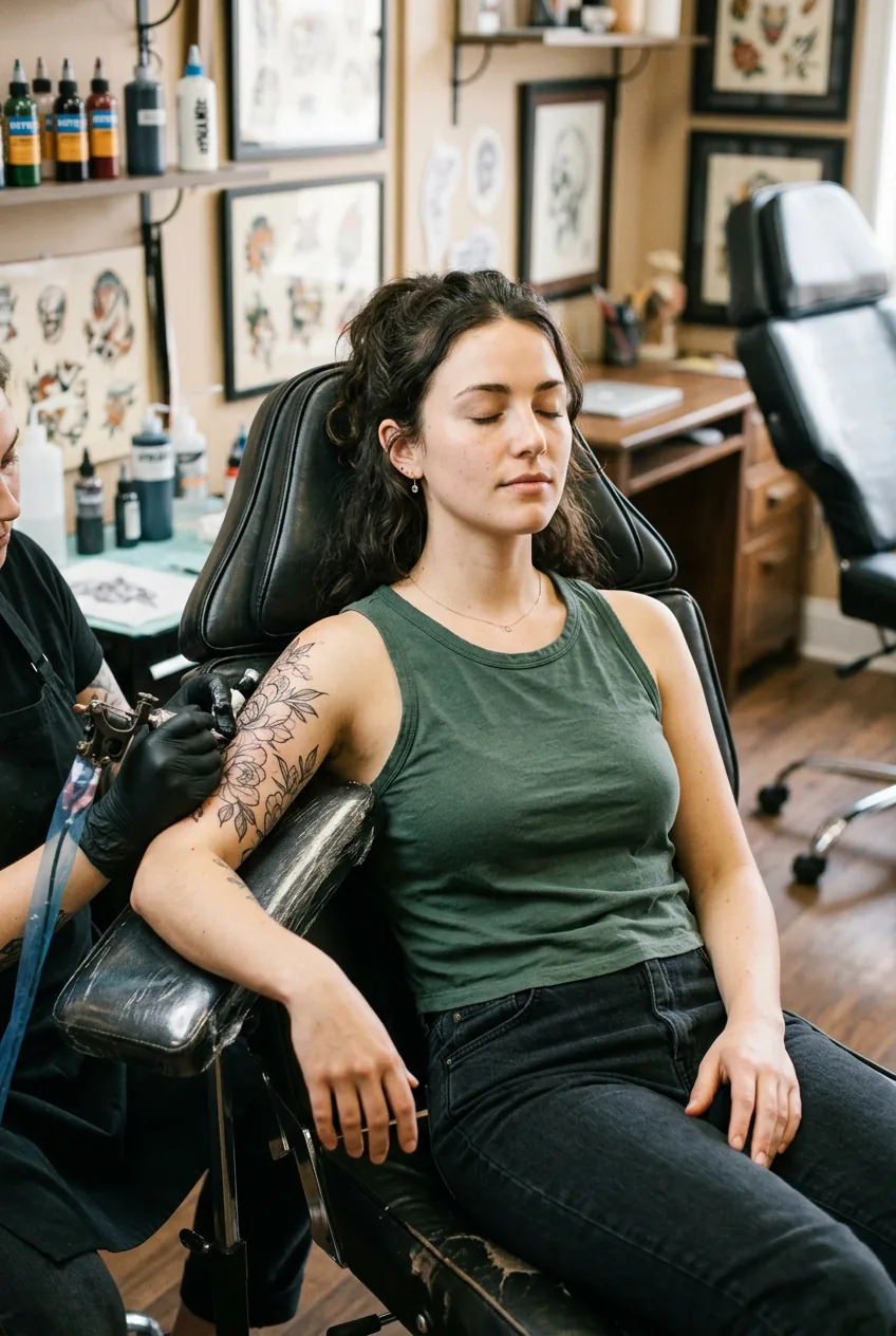 Woman in tattoo studio chair with eyes closed using calm focused breathing during an active tattooing session