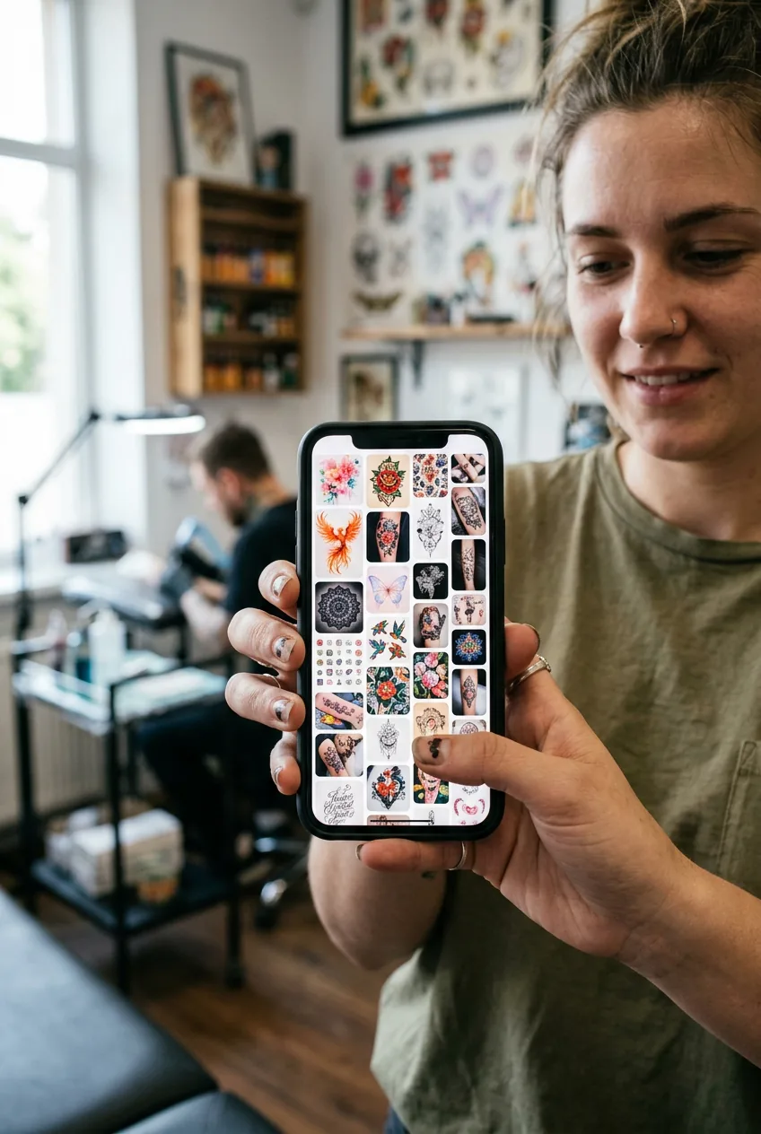 Hand holding phone with chaotic mix of colorful tattoo reference images in a blurred tattoo studio setting